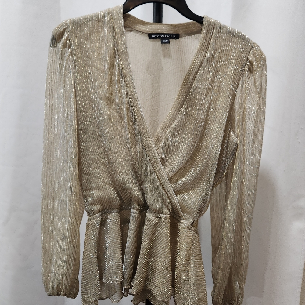 Boston Proper Gold Wrap Long Sleeve Lanter. Blouse